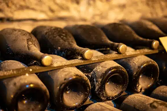 Une rangée de bouteilles de champagne vieillies est soigneusement disposée sur une étagère pour maintenir la qualité de l'Hôtel LOISIUM Champagne.