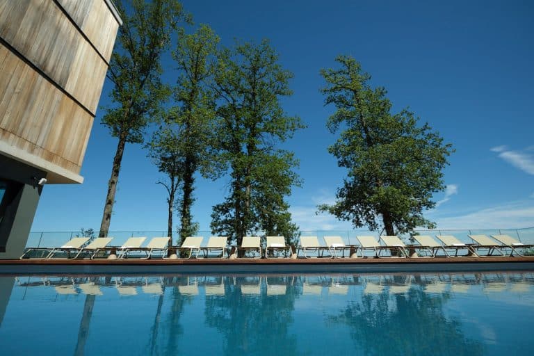 Ein blauer Pool mit aufgereihten Liegestühlen im LOISIUM Champagne und drei Bäumen & im Hintergrund.